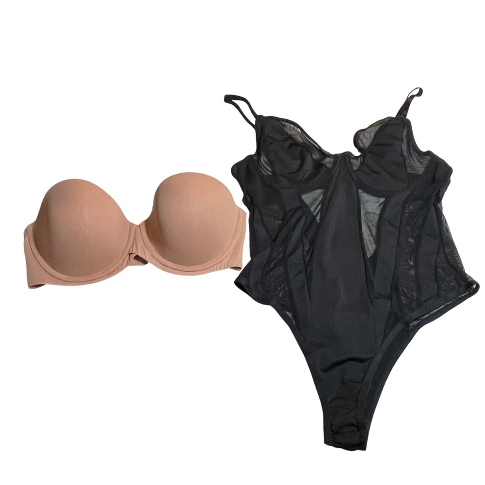 Lingerie Bundle Nude Strapless Bra 32DD and Black Mesh Bodysuit Small